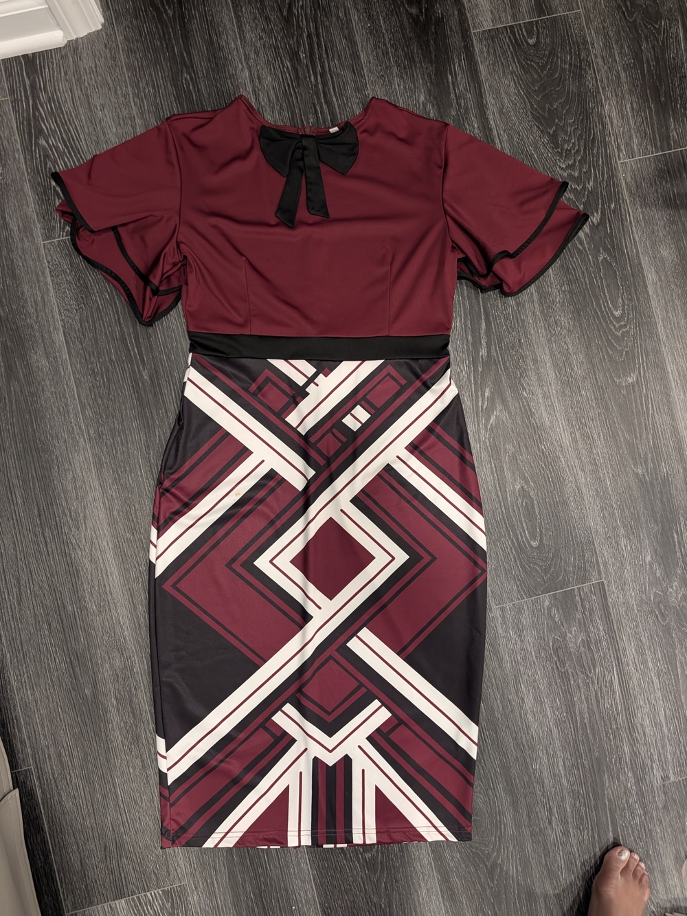 Women’s Burgundy Geometric Pencil Dress with Black Bow